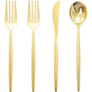 Rubtlamp 90Pcs Gold Plastic Silverware, Gold Disposable Utensils, Plastic Cutlery Include 30 Plastic Knives, 60 Forks and Spoons, Fancy Plastic Silverware Heavy Duty for Party, Wedding