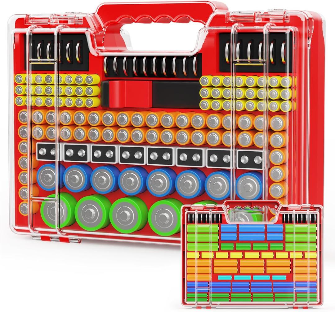Battery Organizer Storage Holder Box Case with Tester, Stores & Protects Up to 260 Batteries, Double-Clear Locking Lid, Holds AA AAA C D and More (Not Includes Battery Pack) - Red