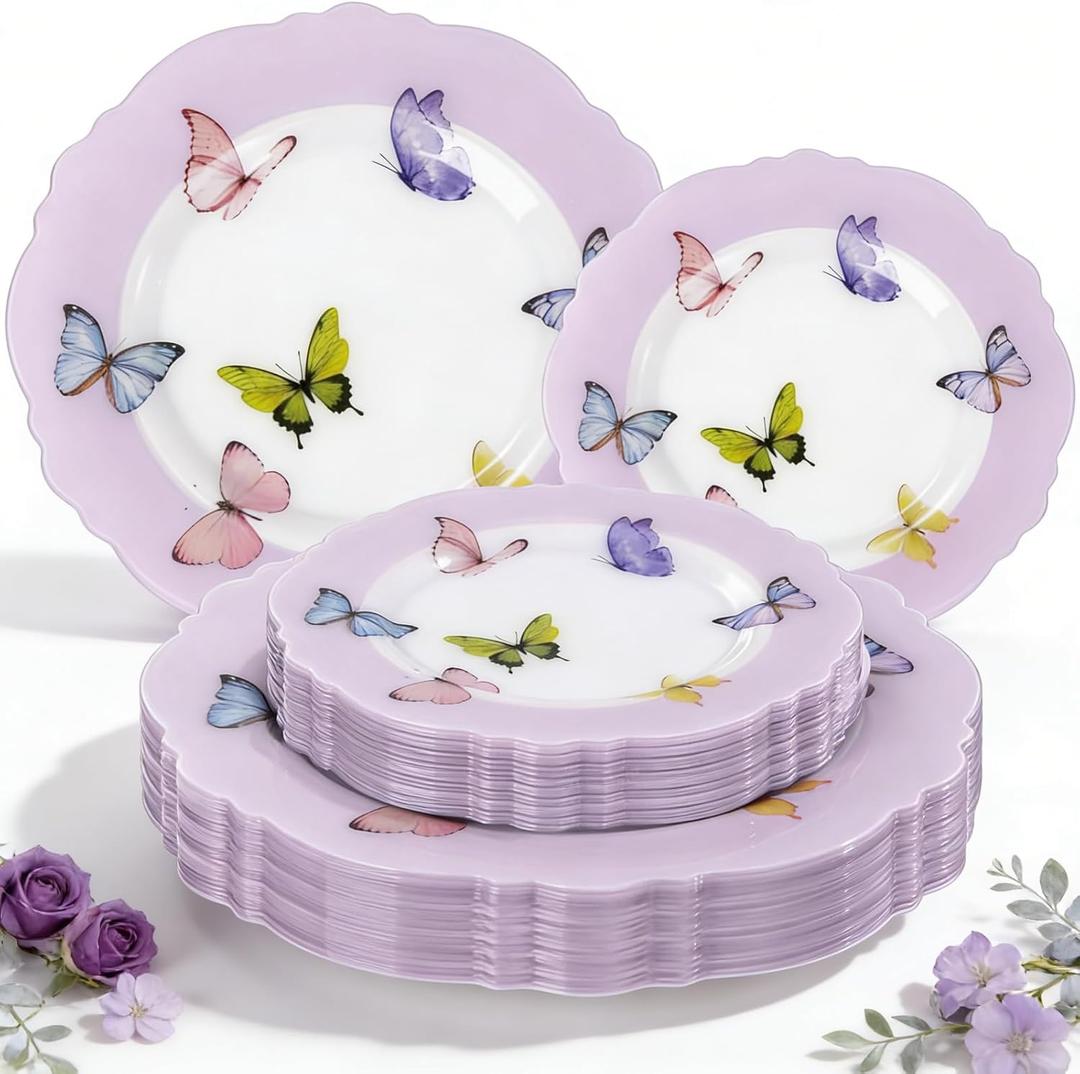 WDF 20PCS Purple Butterfly Plates - Baroque Spring Plates Disposable - Butterfly Party Decorations for Birthdays/Tea Party/Bridal Shower/Mother's Day