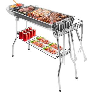 KOCASO Foldable Barbecue Charcoal BBQ Grill, Folding BBQ Grill, Portable Stainless Steel Barbeque Grill For Picnic Camping Backyard Cooking, Foldable Grill Table with Non-Stick Frying Pan, Silver