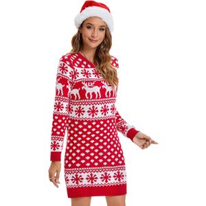 Ugly Christmas Sweaters Dresses with Santa Hat Knit Sexy Christmas Outfits for Women (Large, Reindeer Snowflake Red)