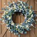 Bibelot 22 Inch Spring Wreath Blue with Green Leaves Wreaths Blue Daisy Artificial Grains White Flower Wreath for Front Door Wreaths,Farmhouse Decor Indoor&Outdoor Wedding Wall Home Decor