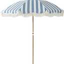 6.5FT Striped Beach Umbrella with Fringe, UPF 50+ Sun Protection with Silver Coating, Adjustable Height and Tilt Design, Wind-Resistant Fiberglass Ribs, Wood Grain Iron Pole, Lightweight Design with Portable Carry Bag, Base Not Included (Navy)