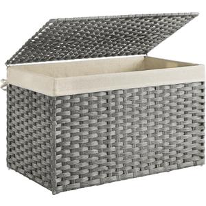 SONGMICS Storage Basket with Lid, Woven Blanket Storage Bin with Handles, Foldable, Removable Liner, Metal Frame, for Bedroom, Laundry Room, 42.3 Gallons (160 L), Gray URST76WG