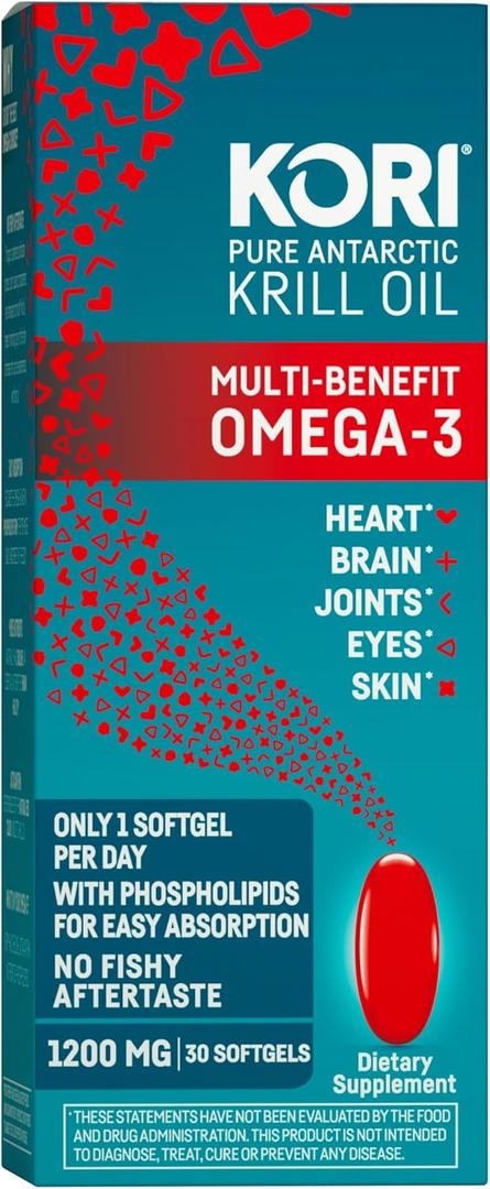 Kori Krill Oil Omega 3 Supplement, Antarctic Krill Oil with Superior Absorption vs Fish Oil, 1200mg Softgels, 30 Softgels, EPA & DHA