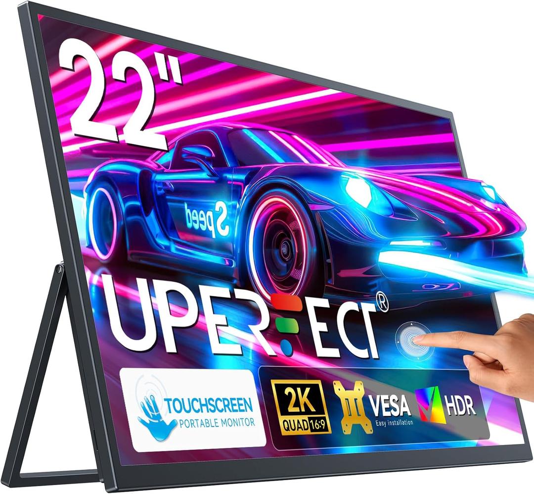UPERFECT 22" 2K Portable Touchscreen Monitor w/VESA & 180Adjustable Stand, 2560 * 1440 QHD FreeSync IPS HDR Large Gaming Display, USB-C HDMI Travel Second Monitor for Laptop Switch Phone