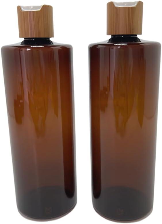 Empty Cosmetic Bottles 16oz/500ml 2 PACK With Bamboo Disc Top Flip Cap for Shampoo Lotion Liquid Soap,Cream,Refilable Plastic Squeeze Travel Size Toiletry Bottles Brown (500ml+500ML, Brwon)