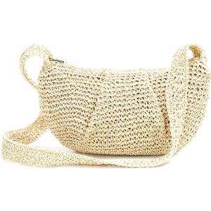 Herald Small Pleated Crescent Straw Woven Crossbody Bag for Women, Ruched Handmade Summer Beach Shoulder Purse Handbag