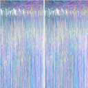 Melsan Iridescent Foil Fringe Backdrops Party Decorations - 3.2 x 6.56 ft Metallic Tinsel Photo Backdrop Curtains for Ocean Princess Birthday Parties - Iridescent 2 Packs