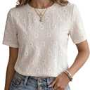 2 x Dokotoo Women's Tops Casual Scoop Neck Short Sleeve Eyelet Embroidered Hollow Out Blouses Shirts (White, L)