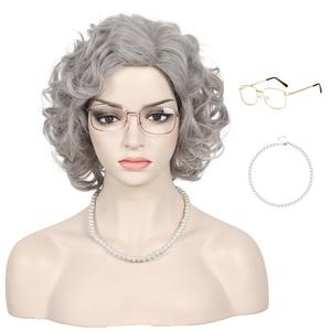 WildCos Old Lady Wig Short Fluffy Grey Curly Grandma Wig Halloween Costume Cosplay Wig for Women and Girls