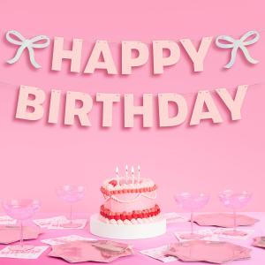 xo, Fetti Happy Birthday Banner, Foil + Pink Glitter | Princess Party Decorations, Bow Garland, 21st Decor, Coquette Graduation, Girls Bday Sign