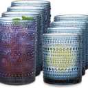 Blue Hobnail Drinking Glasses Set of 8 - 4 pcs 15 oz highball glasses and 4 pcs 12 oz cocktail glasses, Drinkware Kitchen Glasses for Cocktail, Iced Coffee, Beer, Ice Tea, Wine, Whiskey, Water