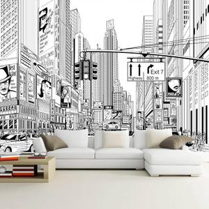 WFBHUA-Black and White New York City Wallpaper Hand Painted Times Square Wall Mural Decoration for Living Room Bedroom Offices(Not Peel and Stick) (191" x 120", Art Wall-14)
