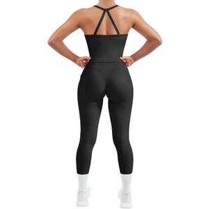 SUUKSESS Women 2 Piece Workout Sets Compression Tummy Control Leggings with Pockets Halter Built in Bra Tank Tops (Small, Black)
