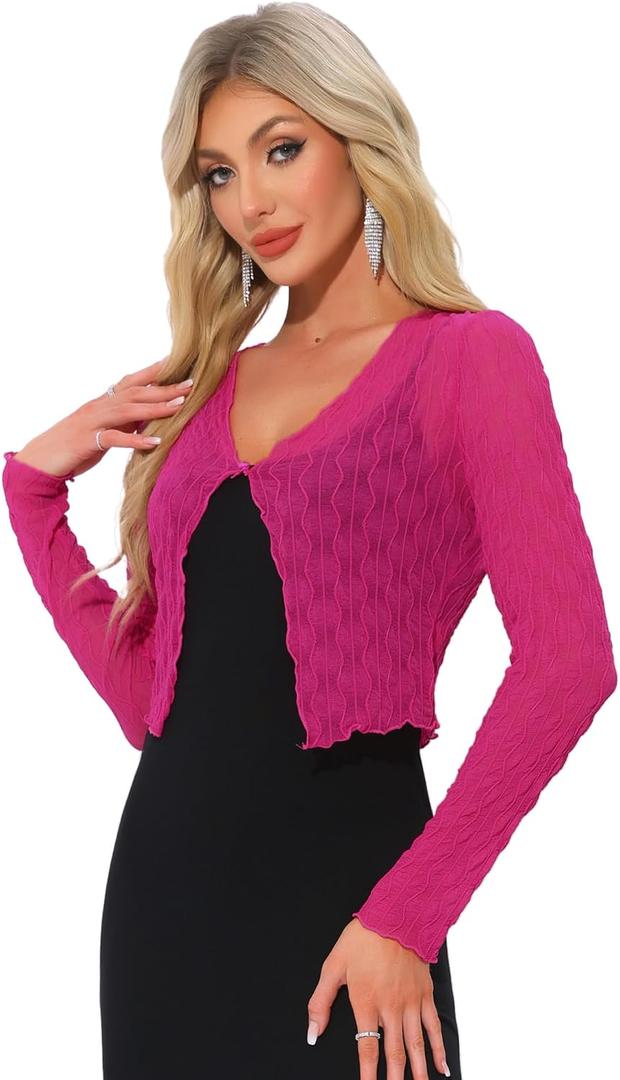 Allegra K Bolero Shrug for Women's Sheer Mesh Tie Front Textured Crop Shrug for Evening Dresses, XS