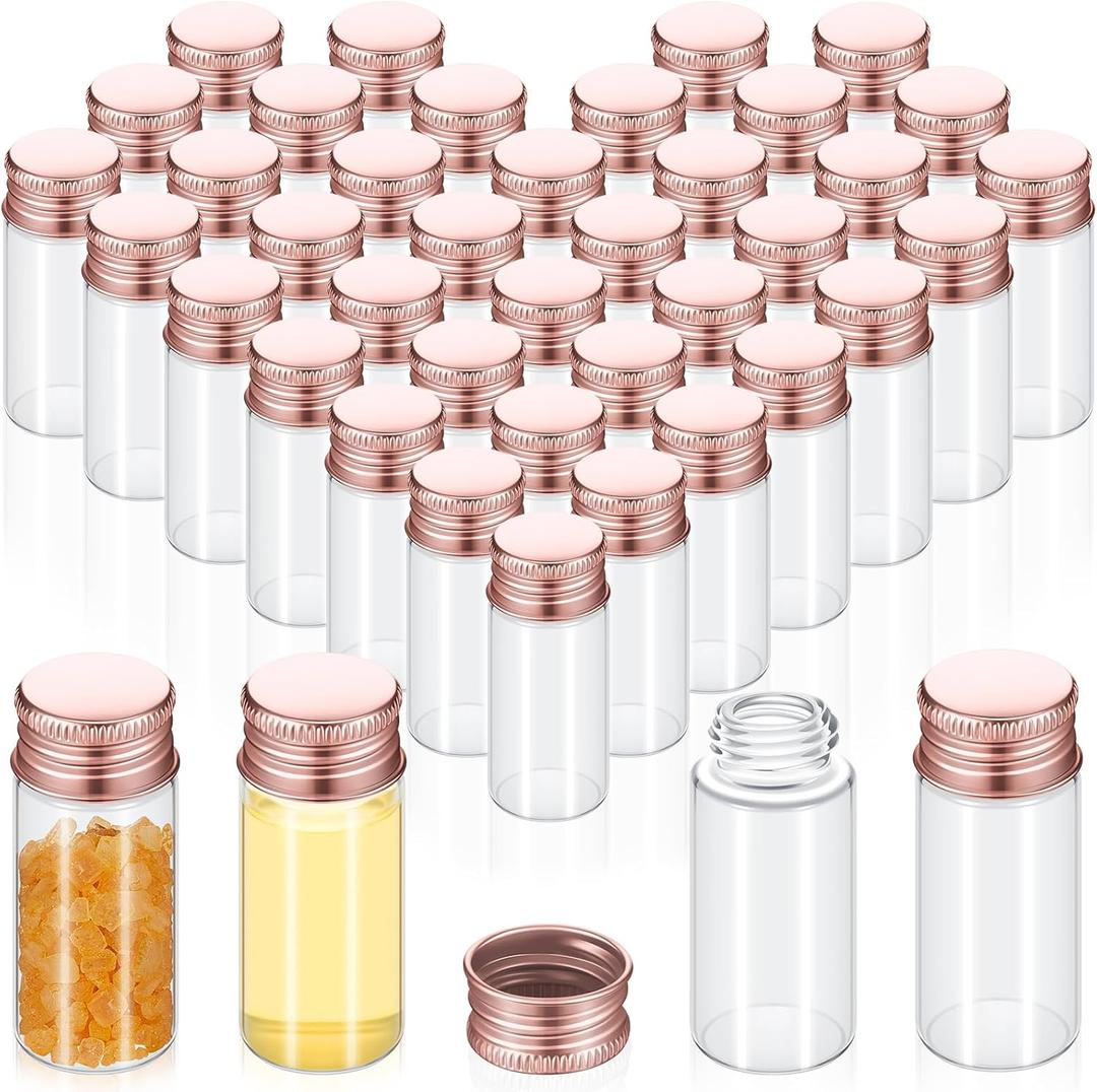 100 Pcs Small Clear Vials Spice Mini Jars with Lids Mini Glass Bottles with Screw Aluminum Metal Caps Tiny Jars Sample Containers for Powder Cream Cosmetic Jewelry Wedding( 10 ml, Rose Gold)
