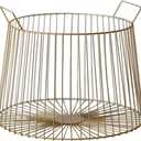 Round Metal Laundry Basket Gold Metal Wire Storage Basket Gold Metal Wire Storage Basket Large Capacity Decorative Open Grid Organizer with Handles for Living Room,Bathroom,Bedroom