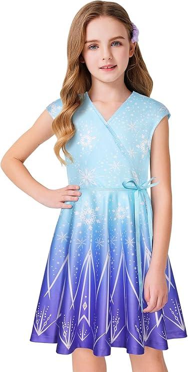 LaBeca Girls' V Neck Dress Floral Printed A-line Swing Casual Party Dress with Belt for 6-14 Years LaBeca Girls' V Neck Dress Floral Printed A-line Swing Casual Party Dress with Belt for 6-14 Years