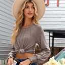 Long Sleeve Shirts for Women 2026 Spring Dressy Casual Blouses Pleated Crewneck Tunic Tops for Leggings Cute Tee (Brown, L)