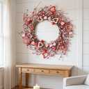 12 Inch Valentines Day Wreath, Pink Red White Farmhouse Style | Artificial Front Door Decor with Wooden Hearts & Berries, for Indoor/Outdoor Anniversary, Wedding & Seasonal Decorations