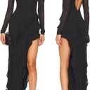 Women Long Sleeves Mesh Tassel Ruffle Maxi Dress With High Slit Party Dress | Asymmetrical Ruffle Hem Side Split Bodycon Dress Open Back Evening Gowns Prom Wedding Guest Date Night Cocktail Party Dress (Black, L)