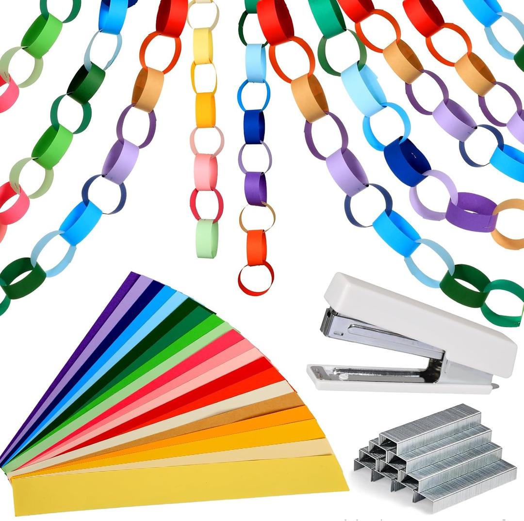 2000 Sheets Colorful Paper Chain Garlands Construction DIY Crafts Rainbow Paper Strips 1x8 Inch Assorted Colors DIY with Stapler and 4 Boxes Staple for Classroom Activities Birthday Party Decorations