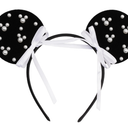 Trnerm Black Fuzzy Mouse Ears Headband for Women, Cute Beads Headband with Bows，Halloween Costume Accessory