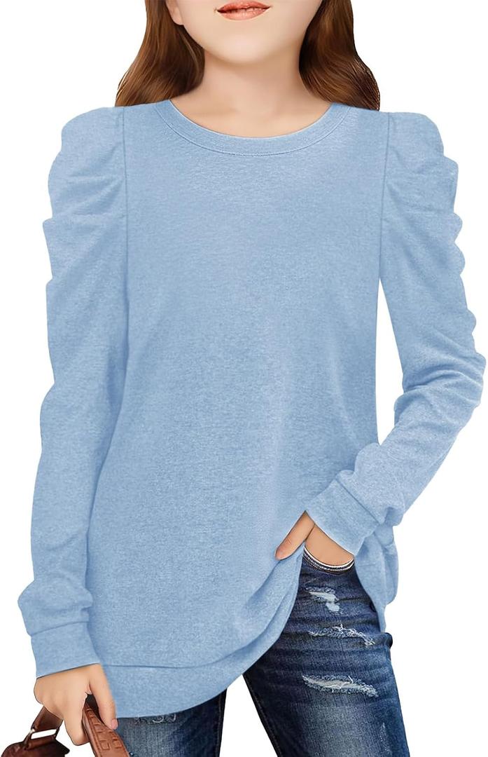 Girls Puff Sleeve Cute T Shirts Kids Fall Tops Crewneck Clothes Loose Fit 5-14Y (Blue)