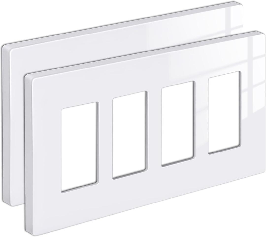 [2 Pack] BESTTEN 4 Gang Mid-Size Screwless Outlet Cover, Midway Decorative Wall Plate, USWP6 Gloss Snow White, Midsize H4.88" x W8.58"