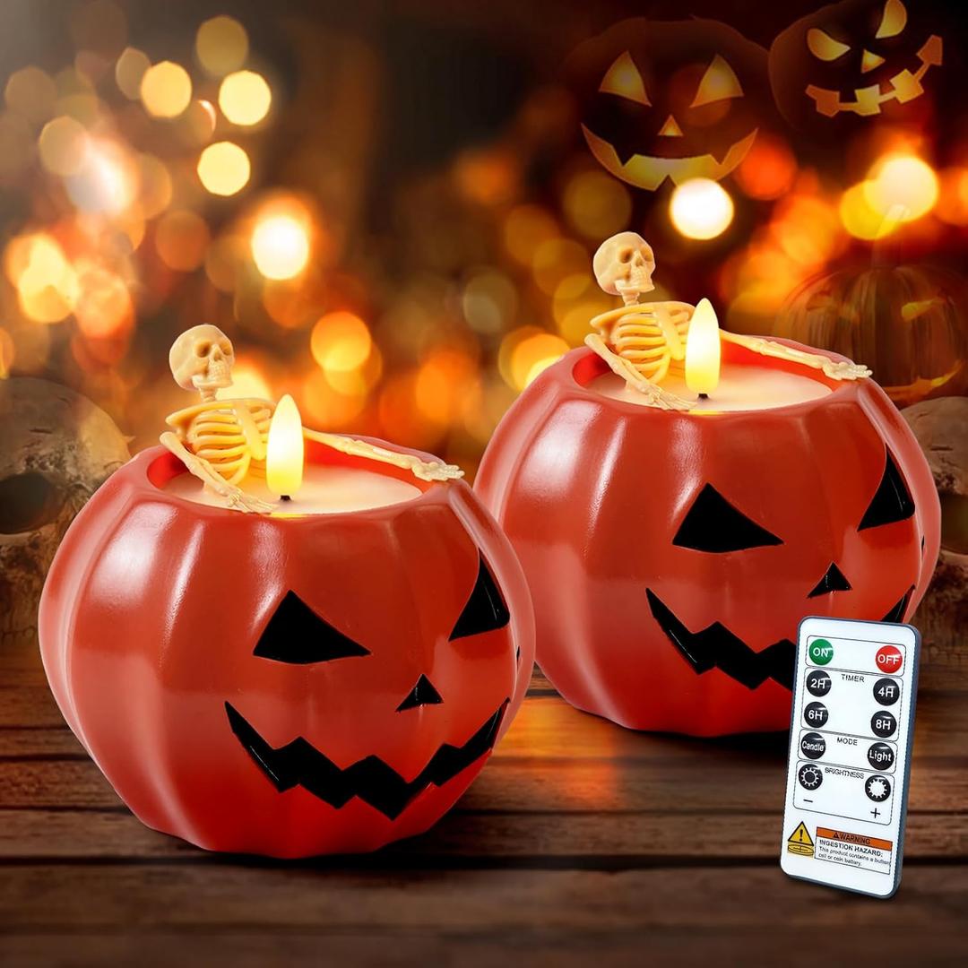 Homemory Halloween Flameless Pumpkin Candles, 2Pcs LED Real Wax Pumpkin Lamp with Skeleton, Flickering Battery Operated Candles with Remote for Halloween Decor, Theme Party, Holiday Gift, Orange