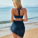 RXRXCOCO Mesh Halter High Waisted Bikini Sets for Women Tummy Control Swimsuits Two Piece Bathing Suits with Skirt (Blue, XXL)