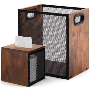 Retro Office Can, Iron and Wood Combination Bedroom Garbage Can and Retro Tissue Box Set Rectangular Design Wastebasket with Handle, Industrial Style Basket for Home Office Living Room