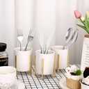 JUXYES Pack of 3 Ceramic Silverware Holder For Party Table, White Cutlery Holder Holder With Golden Metal Bracket, Small Flatware Caddy Organizer Utensil Holder Organizer for Kitchen Dining Tables