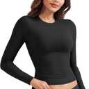 YEOREO Long Sleeve Shirts for Women y2k Tops Double Lined Basic Tee Crew Neck Going Out Sweeney Workout Undershirt (Small, Black)