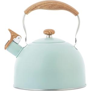 Whistling Stainless Steel Diamond Pattern Tea Kettle with Wood Grain Anti Heat Handle, Stainless Steel Cover Wood Grain Nylon Cover Top Tea Pot (Green)
