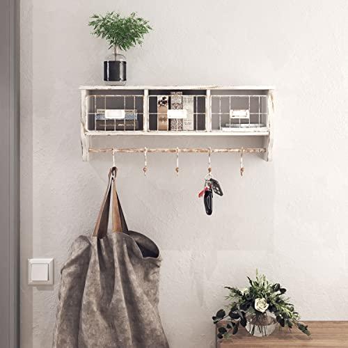 Wall Mounted Shelf with Coat Hooks and Baskets, Solid Wood Entryway Organizer Wall Shelf with Hooks - Hang Coats, Keys or Coffee Mugs, Rustic Brown 24" Wide