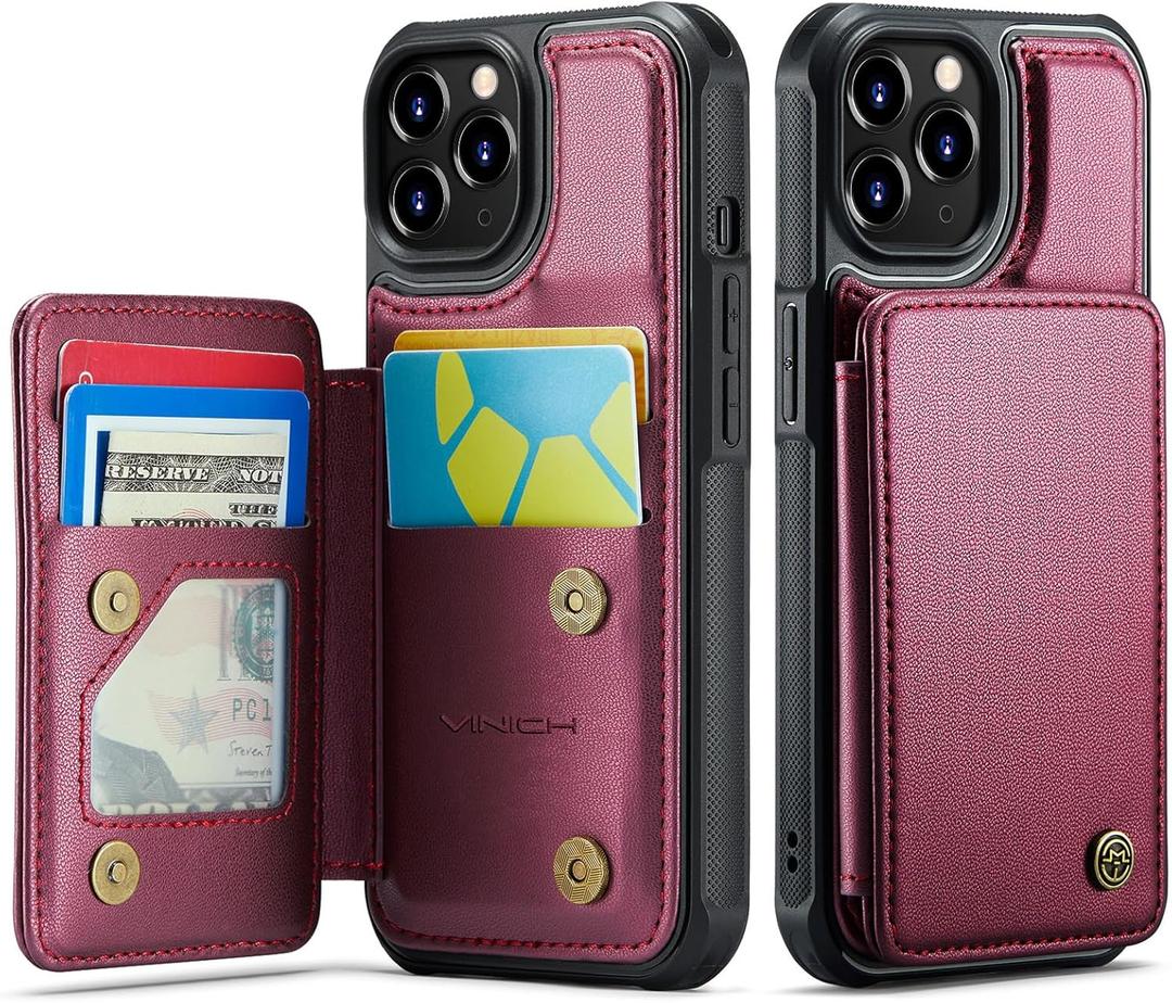 Vinich for iPhone 11 Pro Max Wallet Case with Card Holder, RFID Blocking Credit Slots Kickstand Shockproof Phone Cover for Women Men, Wine Red