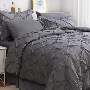JOLLYVOGUE King Size Comforter Set 7 Pieces, Pintuck Dark Grey Bed in a Bag Comforter Set for Bedroom, Beddding Sets with Comforter, Sheets,Ruffled Shams & Pillowcases (King(102"x 90"))