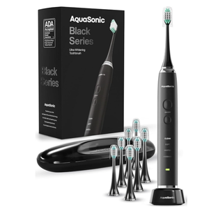 Aquasonic Black Series Ultra Whitening Toothbrush – ADA Accepted Electric Toothbrush 8 Brush Heads & Travel Case – 40,000 VPM Electric Motor & Wireless Charging  4 Modes w Smart Timer