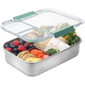 Microwave Safe Stainless Steel 3 Compartment Bento Lunch Box, 44oz (Sage)