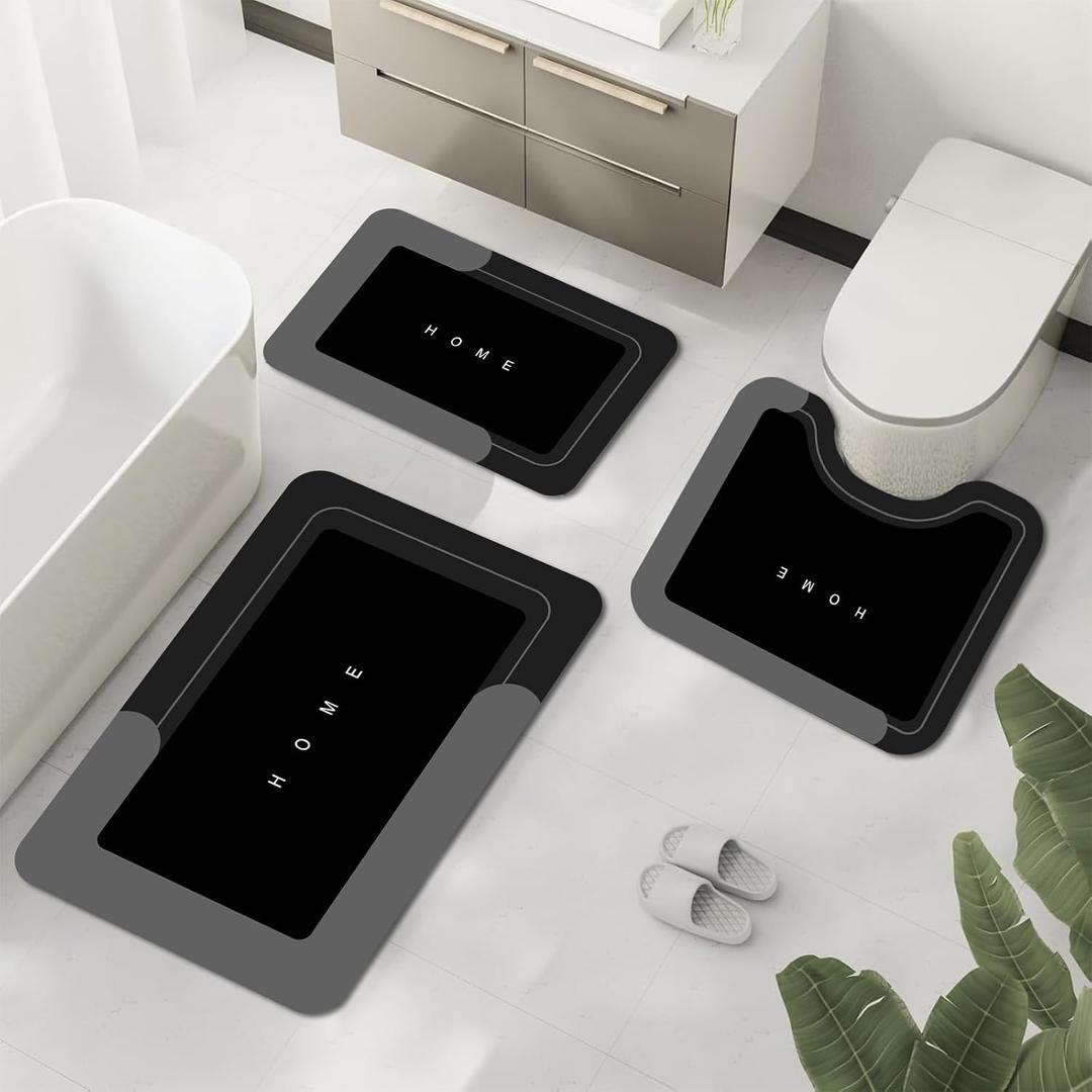 Bath Mats for Bathroom Set of 3, Black Modern Bathroom Rug, Soft Shower Mat with Non-Slip Bottom, Absorbent Quick-Dry Restroom Decor for Toilet or Bathtub, Durable Washable Floor Mats