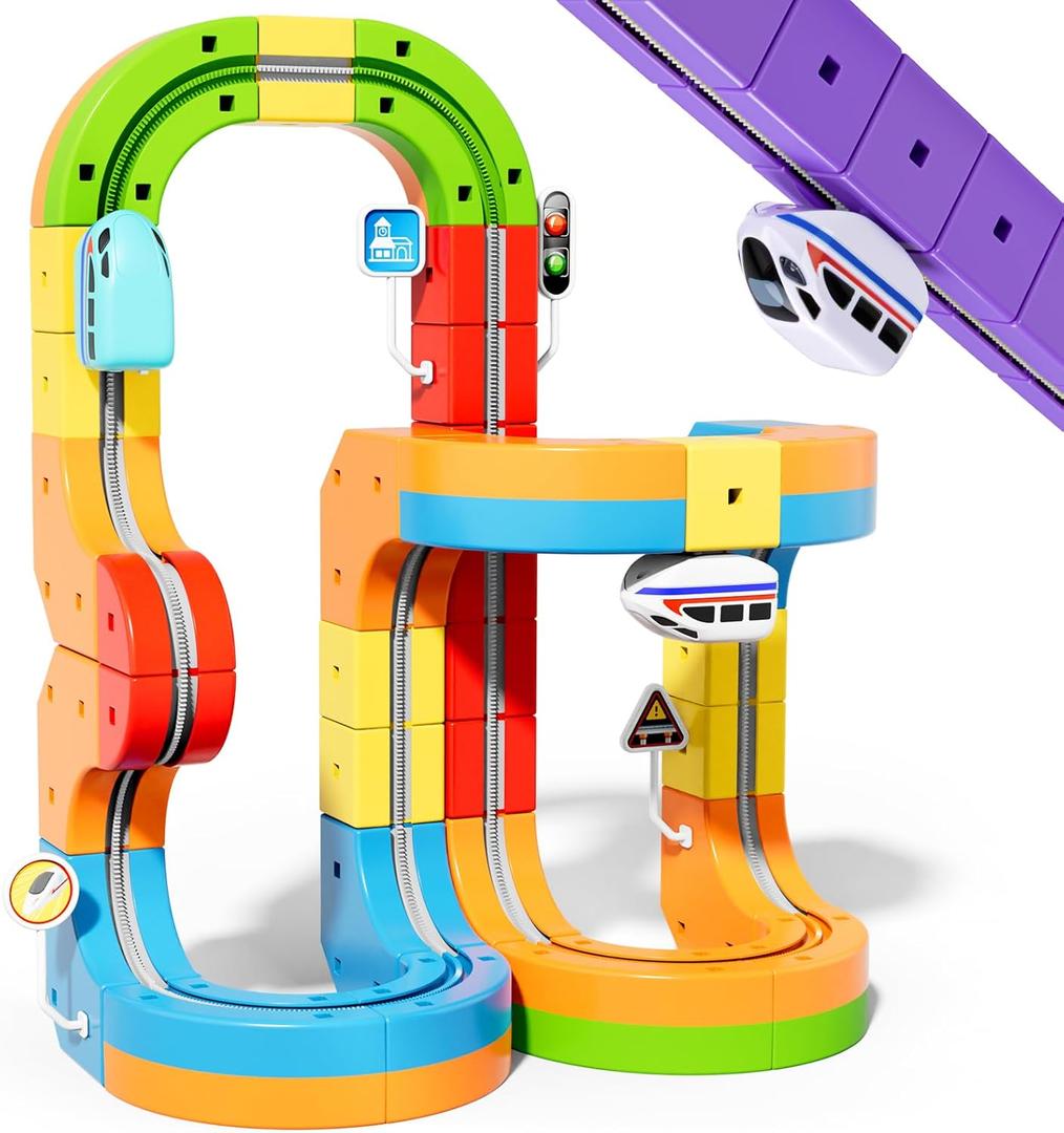 KlickRail Electric Train Set Flexible Race Track for Kids 4 6 7, Car Track for Toddlers, Building Toy Train Track Gravity-Defying 3D Embedded Layouts & Motorized Car, STEM Gift(Advanced Set(48 Piece)