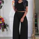 HBQ Two Piece Outfits For Women Casual Sweat Suits Backless Short Sleeve Crop Tops Wide Leg Pants Lounge Sets Tracksuit-Black-XXL