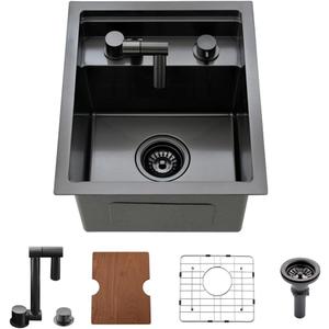 15 Inch Black Undermount Bar Sink Workstation - HLBLFY 15 x 18 Inch Small Kitchen sink 16 Gauge Stainless Steel Single Bowl Workstation Sink with Foldable Faucet Cutting Board