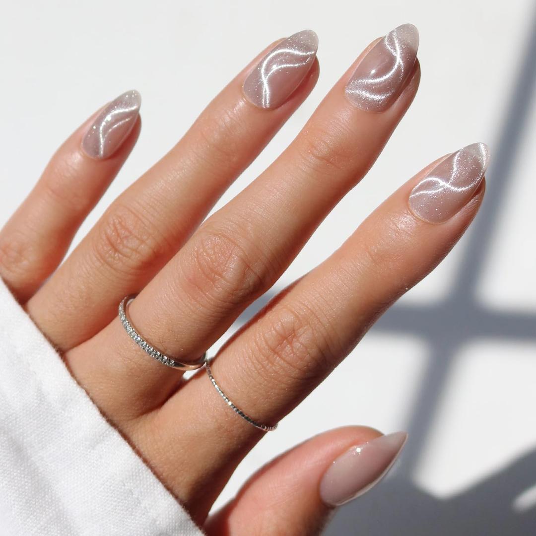 Glamnetic x GLAMZILLA Press On Nails - WOO-MAN! | Gray Short Almond Fake Nails with Velvet Cat Eye, Salon Quality, Everyday | 15 Sizes - 30 Nail Kit with Glue