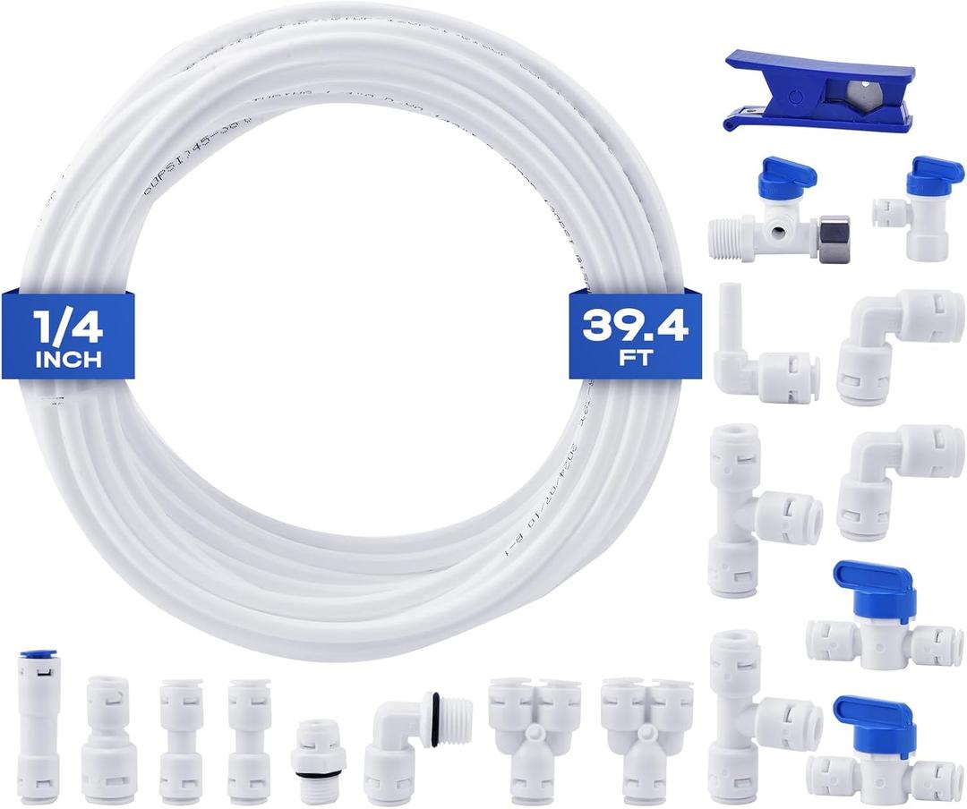 1/4 Water Line, cnaodun with 1/4" OD 39.4ft Water Tubing Reverse Osmosis Quick Connect Fittings Push To Connect Water Tube Fittings for RO Water Filter