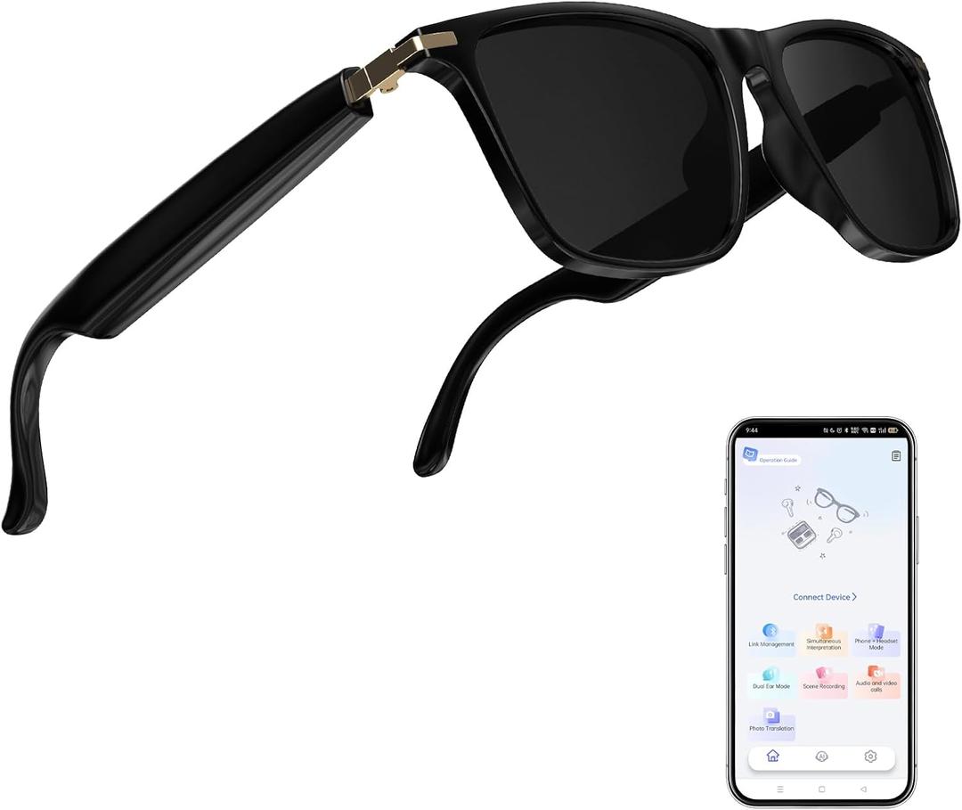 AI Translator Glasses, Bluetooth Sunglasses with 110+ Languages, Wireless AI-Powered Smart GlassesSimultaneous Interpretation, 6H Battery Life, Anti-Blue Light & UV Protection (Black)