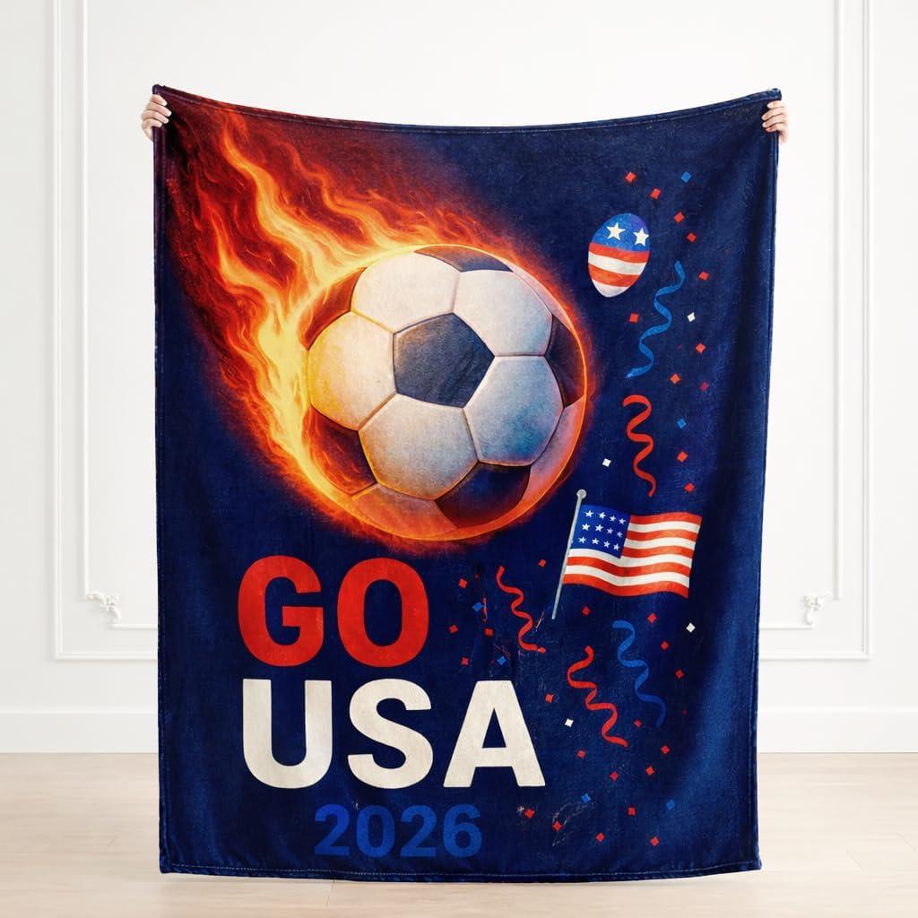 Go USA Soccer Throw Blanket, Patriotic Football Fan Blanket 2026, Soft Flannel Game Day Blanket for Couch Bed, Gift for Men Women Kids