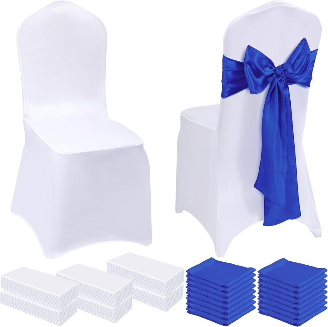 Mepase 100 Pcs White Chair Covers Set with 50 Stretch Spandex Chair Covers 50 Chairs Sashes Bows Universal Fitted Cover Removable Washable for Wedding Party Dining Banquet(White, Royal Blue)